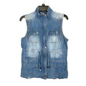 Live A Little Womens Size S Jean Vest Blue Buttons Pocket Distressed Jacket Y2K